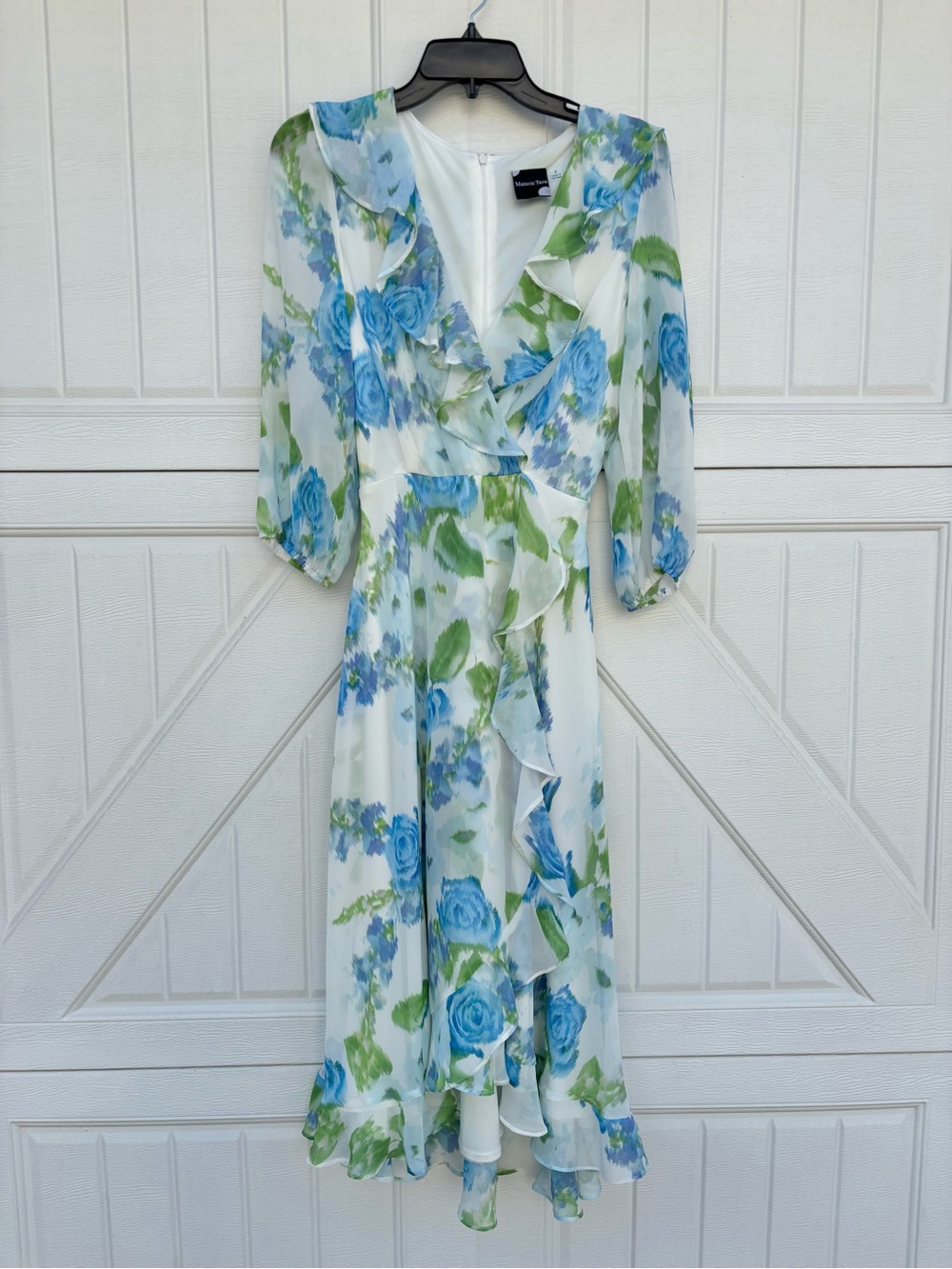 Maison Tara Blue Floral Watercolor Midi Dress Ruffle Tie Waist Size 8